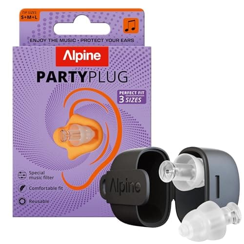 Image of Alpine PartyPlug Ear Plugs for Concerts - New & Improved - 19dB Noise Reduction - Festival Essential Hearing Protection - Reusable Earplugs for Music, Concerts & Raves - 3 Tip Sizes - Transparent