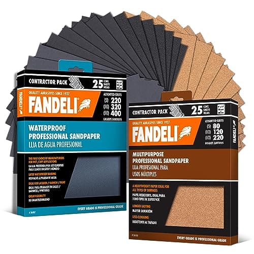 Image of Fandeli | Pack Multi-Purpose Sandpaper Pack + Waterproof Sandpaper | 50 Sheets | Multi-Purpose (80, 120, 220), Waterproof (220, 320, 400) | Pack of 25+25 Sheets, 23x2 cm | for Sanding Metal and Wood