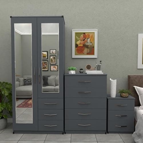 Image of Ready 3-Piece Bedroom Furniture Set, 2-Door Mirrored Wardrobe with Drawers, 5-Drawer Chest, 3-Drawer Bedside Table (Grey)