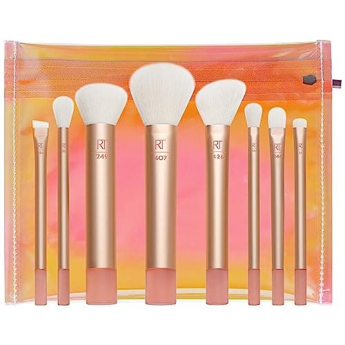 Image of REAL TECHNIQUES The Wanderer Make up Brush Kit, Premium and Professional 8 Midi-size Brush Set with Bag, Soft Bristles, Foundations, Powders, and Concealers, Gold