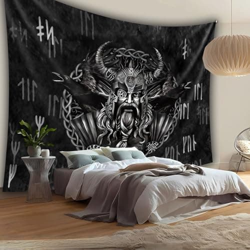 Image of Arsey Viking Tapestry Wall Hanging with Odin and Raven Gifts for Men, Runes Tapestries Decor Bedroom Home 230 x 180 cm, Black