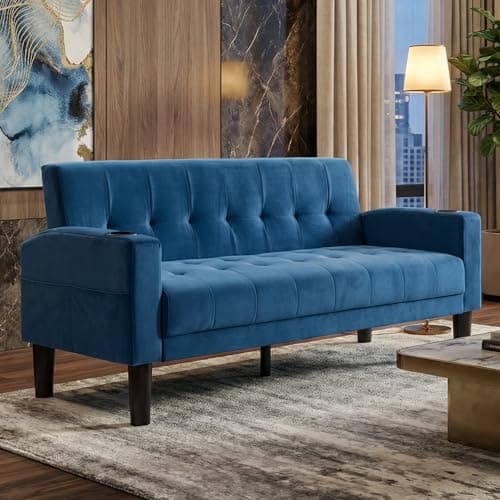 Image of GRAVFORCE Sofa 2 Seater Comfy Upholstered Loveseat Sofa with Cup Holder Pocket Storage Small Sofas for Living Room Bedroom Office Blue