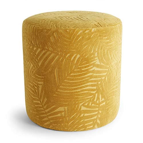 Image of Beautify Velvet Mustard Footstool – Yellow Pouffe for Living Room – Upholstered Round Foot Stool with Floral Leaf Pattern – Padded Lightweight Ottoman for Bedroom, Dressing Room Stool, Bloom