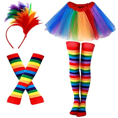 Image of Hicarer 4 Set Mardi Gras Costume Mardi Gras Tutu Skirt Over Knee High Socks Arm Warmer Stretchy Gloves Headwear Headband, Rainbow, Large