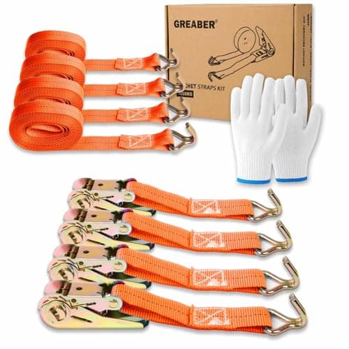 Image of Ratchet Straps (4-Pack) with 1x Work Gloves, 1000kg Break Strength, 5m x 2.5cm Heavy Duty Tie Down Strap Set with Metal Hooks for Trucks,Moving,Motorcycles,Trailer,Cargo (Orange)