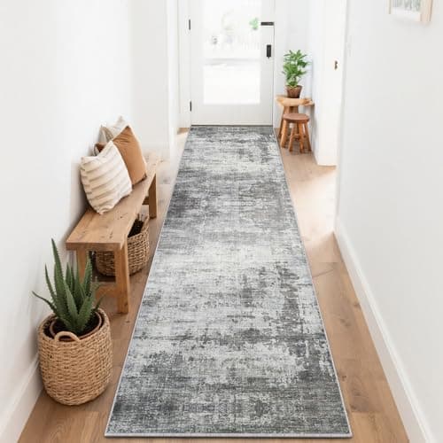 Image of SOANNY Runner Rug, 80x240 cm Abstract Low Pile Carpet, Non-Slip Washable Area Mat for Bedroom, Hallway, Kitchen, Laundry, Entryway, Utility, Beside Sofa, Office, Ash Grey