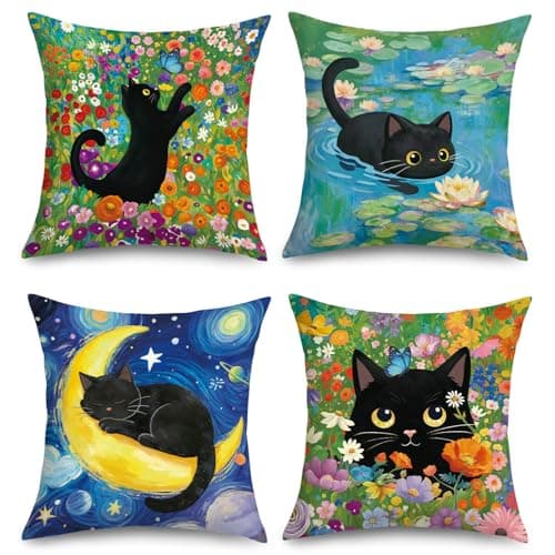 Image of Joymaison Spring Floral Black Cat Art Cushion Covers 45 x 45 Pack of 4 Vintage Kitty Colorful Wildflower Square Throw Pillow Case Decorative Sofa Cushion with Invisible Zipper for Cat Lovers Gifts