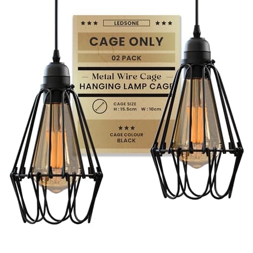 Image of LEDSone 2 Pack Industrial Metal Bird Cage Pendant Light Shades Black, Easy Fit Wire Ceiling Lampshade E27, Vintage Hanging Lighting Fixture for Kitchen, Living Room, Hallway