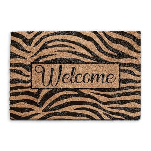 Image of Hairyworm Zebra Print Doormat (40cm x 60cm) Small, Welcome Front Door Mat, Coconut Core Fibre Heavy Duty Mat, Rug, Indoor Natural Coir Mat, Regular