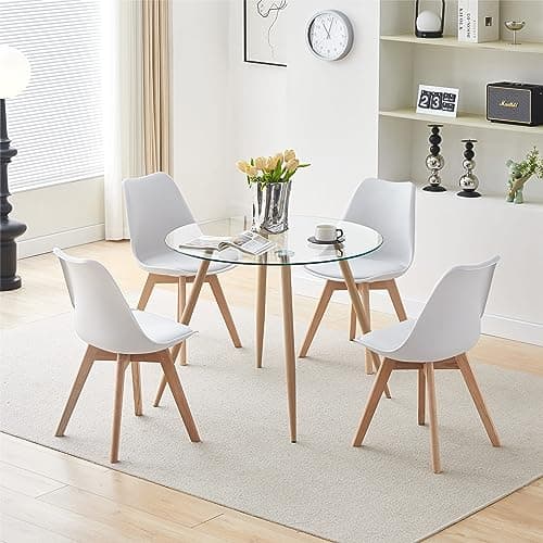 Image of Nera 90cm Round Tempered Glass Dining Table and Chairs Set 4 with Padded Seat Cushions & Sturdy Wooden Legs for Home Office Kitchen (Table with 4 White Chairs, Glass Beech Legs Table)