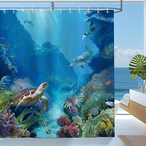Image of Bonhause Underwater World Shower Curtain Blue Ocean Tropical Fish Turtle Dolphin Bathroom Curtain 180 x 180 cm Waterproof Mildew & Mould Resistant Polyester Fabric Bath Curtain with 12 Hooks