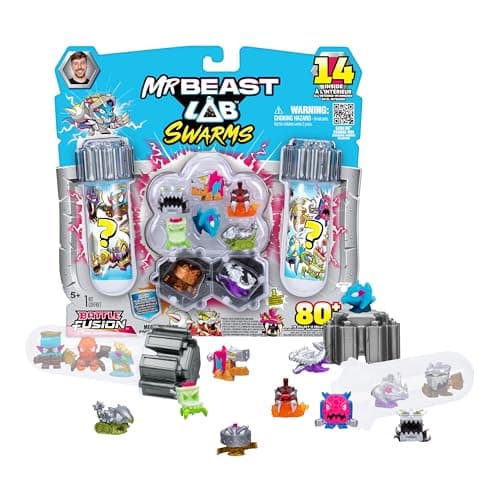 Image of MrBeast Lab Swarms Battle Fusion Series Mega Lab Pack – Includes 14 Micro Beasts with Ultra Rare Serpent Spear, 80+ to Collect, Stickers & Stackable Fusion Caps for Display
