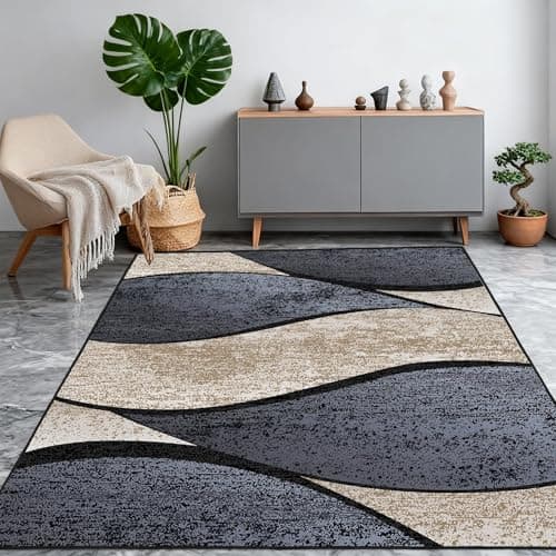 Image of Washable Living Room Rug Short Pile Non Slip 140x200cm Dark Grey Black and Beige Rug Modern Wave Geometric Patterned Rugs,Area Carpet for Living Room Bedroom Dining Office Hall Apartment Indoor Decor