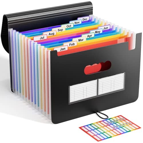 Image of ABC life Expanding File Folder Accordion File Organiser 12 Pockets, Portable A4 Desktop Document Filling Box, Accordian Bill Receipt Paper Organiser, Plastic Rainbow Expandable Bag with Colored Labels