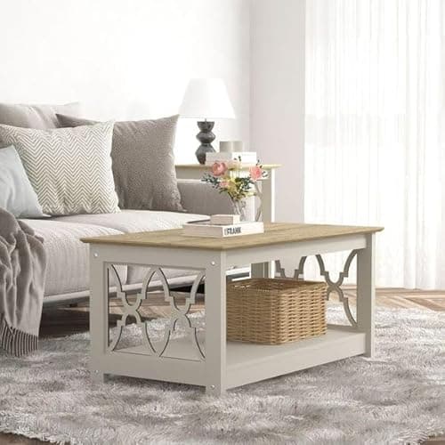 Image of Galano Nova Coffee Table - Modern Distressed Oak Finish - Storage Cabinet for Entryway - Foyer - Living Room - Bedroom - Space Saving (Light Grey/Oak)