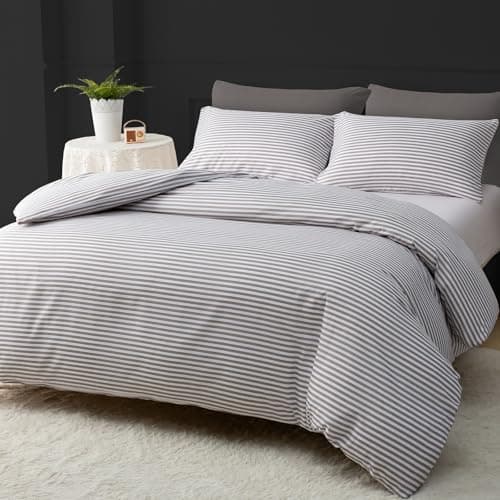 Image of Grace Stripe Double Duvet Set - Premium Microfiber Reversible Double Duvet Cover (200 x 200 cm) 3 PCs - Ultrasoft Hypoallergenic Quilt Cover Set Non Iron Luxury Bedding Sets With Zipper Closure