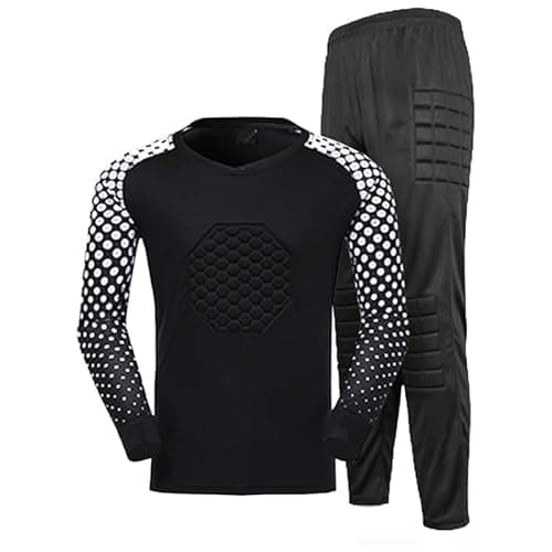 Image of AIGOUT Kids Boys Children's Football Goalkeeper Kit Thickened Protective Long-Sleeved Top and Trousers with Padded Waistband Football Training Kit (Black, 11-12 Years)