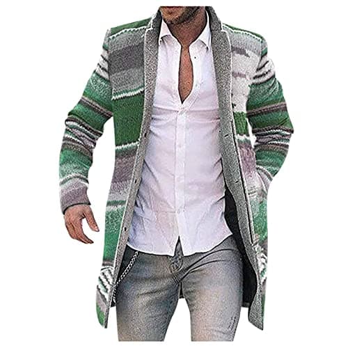 Image of Foweknow Cardigan Men's Colourful Wool Coat Colour Block Casual Sweat Jacket Warm Windbreaker Long Cardigan Long Sleeves Business Work Jacket Lapels Fashion Winter Jacket Outwear Knitted Coat, Green,