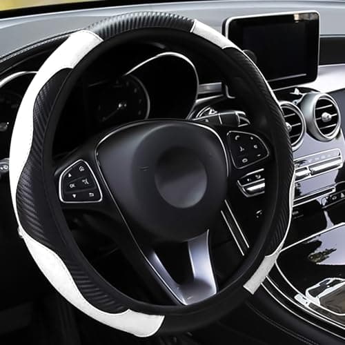 Image of LMYDIDO Car Steering Wheel Cover Leather, Anti-slip Breathable Carbon Fiber Sports Elastic Band Without Inner Ring Steering Wheel Cover Universal Size 37-39cm /14.5-15 (White)