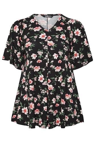 Image of Yours Curve Floral Pleat Front Short Sleeve Top - Women's - Plus Size Curve Black