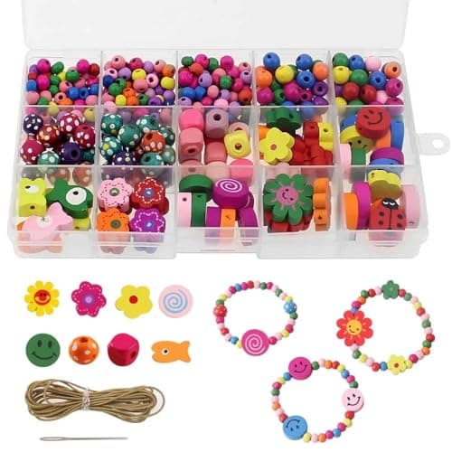 Image of NewZC Girls Beads Bracelet Making Kit con 400 Pieces Colorful Wooden bead -11 Types Threading Bead for Children diy Bracelet Necklace Keychain Phone Charms - 5 year old Gifts for Girl Jewellery making