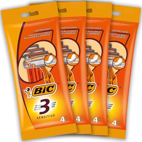 Image of BIC 3 Sensitive, Men's Disposable Razors, Fixed Head Triple Blade for a Close Shave, Bundle of 4 Packs of 4