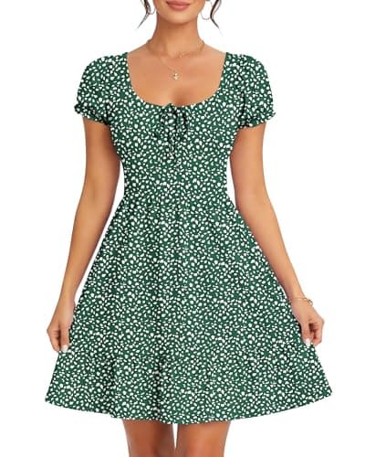 Image of AUSELILY Women Summer Dress Square Neck Ladies Dress Printed Puff Sleeves Casual Elastic Waist Minidress with Pocket Dark Green Horseshoe L