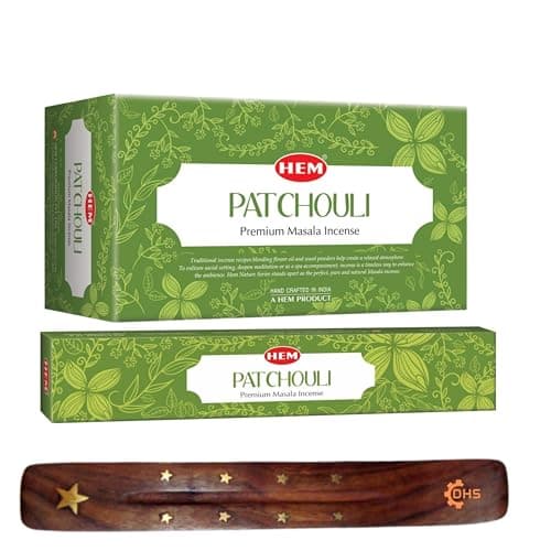 Image of HEM Patchouli Premium Incense Sticks, Full Pack of 12, Each 15 gms with DHS incense stick holder for Yoga, Meditation, Healing, Spirituality, Aromatherapy, Incense Spa and Relaxation…