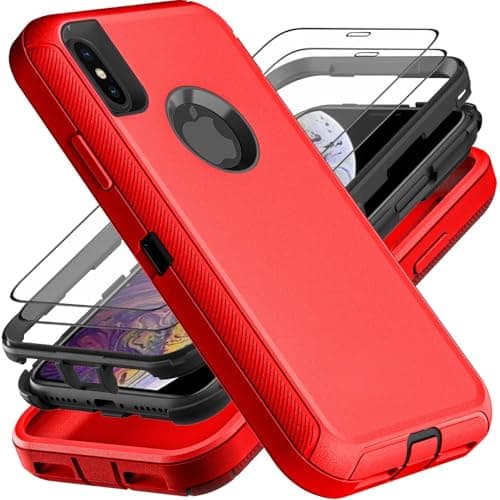 Image of YmhxcY for iPhone X/Xs Case, Military Grade 3 in 1 Heavy Duty Shockproof/Drop Proof/Dust Proof Case with 2Pcs Tempered Glass Screen Protector (Red/Black)