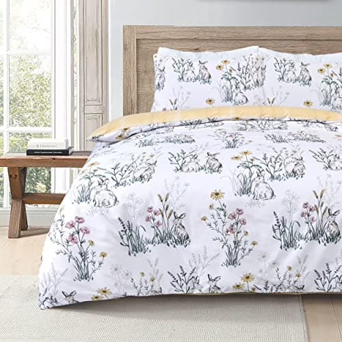 Image of Sleepdown Rabbit Meadow Floral White Ochre Plaid Check Reversible Duvet Cover Quilt Pillow Cases Bedding Set Soft Easy Care - Double (200cm x 200cm)