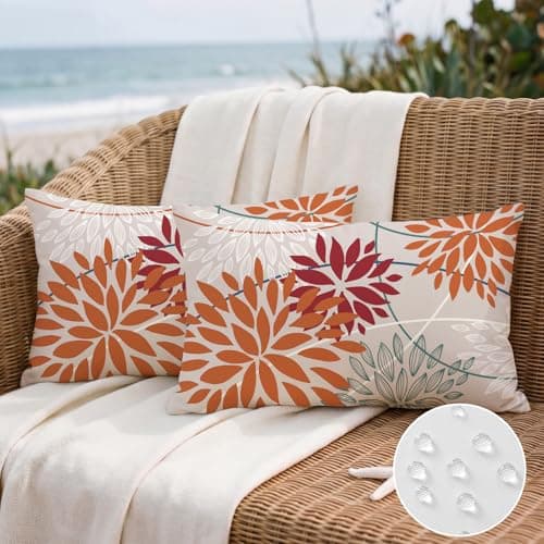 Image of Artscope Outdoor Waterproof Orange Red Cushion Covers Geometric 40x60cm Set of 2 Blue Green Dahlia Floral Pillowcases Outdoor Flowers Pillow Covers for Patio Garden Bench Sofa Farmhouse Decor