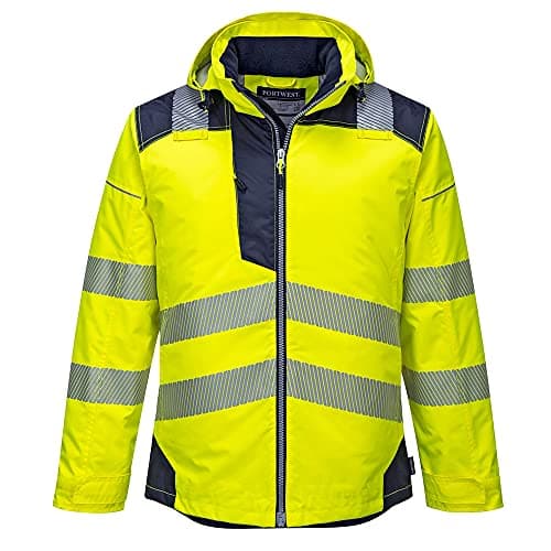 Image of Portwest PW3 T400 Mens Hi Vis Hooded Work Jacket Waterproof Lightweight Quilt Lined Thermal Winter Safety Coat 300D Oxford Reflective Tape for Construction Rail Utility, Yellow/Navy, M