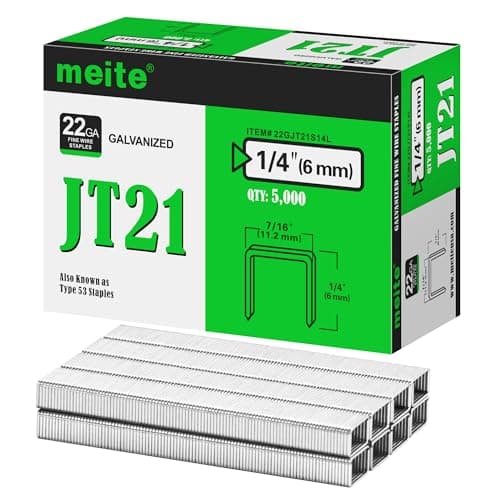Image of meite Type 53/6 mm Staples, Galvanised JT21 Staples for Staple Gun, Fine Wire, 7/16" (11.2 mm) Crown Type 53 Staple Refill, Ideal for Upholstery, Crafts, Furniture (5,000 Counts)