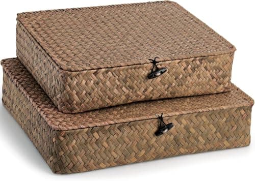 Image of Elsjoy 2 Pack Seagrass Storage Box with Lid, Wicker Storage Baskets Flat Rattan Storage Bins, Woven Organizer Baskets for Shelf, Closet, Bedroom