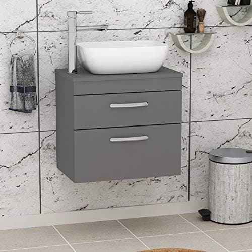 Image of Royal Bathrooms 600mm Grey Gloss 2-Drawer Wall Hung Countertop Vanity Unit & 455mm Soft Square Basin