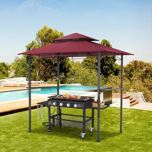Image of YODOLLA 2.5m Double-Tier BBQ Gazebo, 8x5ft Grey Grill Canopy with Stable Frame, Outdoor Garden Patio Barbecue Grill Tent Deck Cover, Weatherproof BBQ Shelter for Patios/Gardens/Decks(Red)
