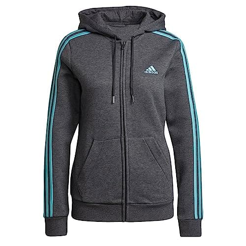 Image of adidas Women's Standard Essentials Full-Zip Hoodie, Dark Grey Heather/Mint Tone, Small