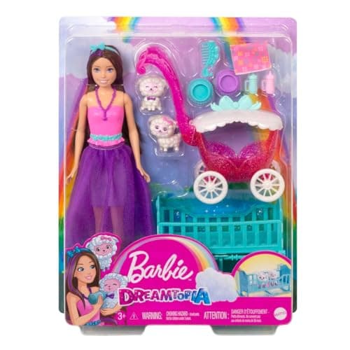 Image of Barbie Skipper Doll and Nurturing Playset, Kids Toys, Brunette with Fantasy Look, Baby Lambs with Stroller, Crib and Accessories, HLC29