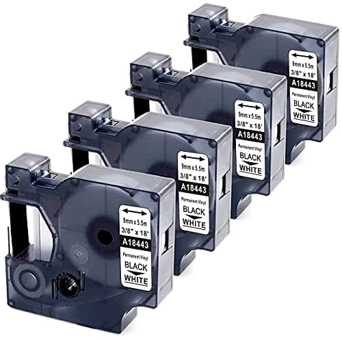 Image of 4X MarkField Compatible Label Tape Replacement for Dymo Rhino 18443 9mm x 5.5m Industrial Vinyl Labels Self-Adhesive 0.35in Tape for Rhino 4200 5200 6000 1000 3000 5000 ILP219, Black on White