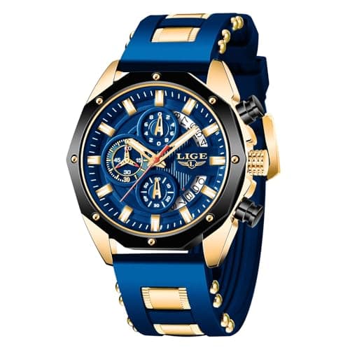 Image of LIGE Men's Wrist Watches Analog Dress Waterproof Work Casual Unique Vintage Chronograph Quartz 3ATM Water Resistant Silicone Strap Luminous Date Elegance Daily Chronograph Watch,Gold Blue