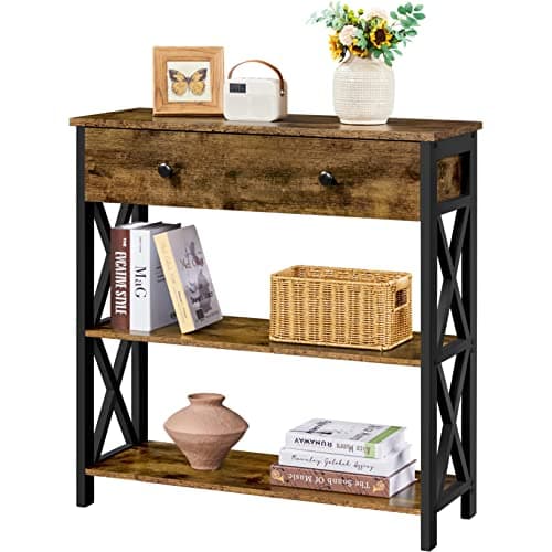 Image of Yaheetech Console Table, Hallway Table with Drawer & Storage Shelves, 3-Tier Sofa Side Table with Metal Frame for Living Room, Bedroom, Entryway, X-Shaped Design, 80x29.5x81cm, Rustic Brown