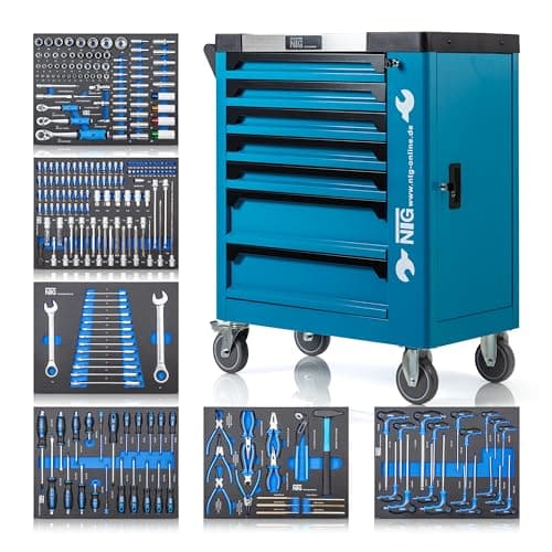 Image of NTG Tool Trolley, 7 Drawer Tool Box with Foam Inserts, Lockable, Black, Large (12.7 cm x 20.32 cm x 76 cm), Mobile Swivel Castors, Fully Equipped with Tools, Utility Room