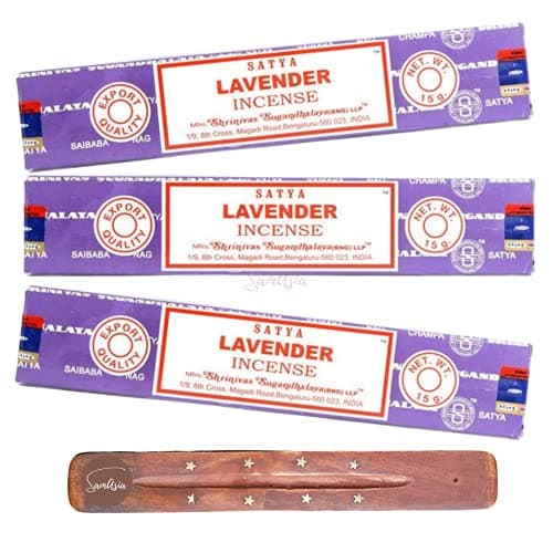 Image of Satya Nag Champa Lavender Incense Sticks | x3 pack | with SAMASIA incense sticks holder | Used for Aromatherapy, Yoga, Meditation and Relaxation