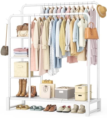 Image of HOMIDEC Clothes Rail,Double Rail Clothes Rack with 4 Storage Shelves,Heavy Duty Metal Clothing Rail Supports to 80kg,Multifunctional Clothes Storage for Bedroom,Office,Shop(White).