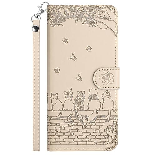 Image of FALUWONRU for iPhone 8 Plus/iPhone 7 Plus Wallet Case,Fence Cats Butterfly Flower Embossed PU Leather Flip Phone Case with Card Slots,Magnetic Protective Cover with Holder Kickstand,Khaki