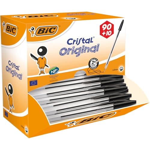 Image of BIC Cristal Original Ballpoint Pens, Every-Day Biro Pen, Fine Point (1.0mm), Ideal for School, Black Ink, Pack of 100
