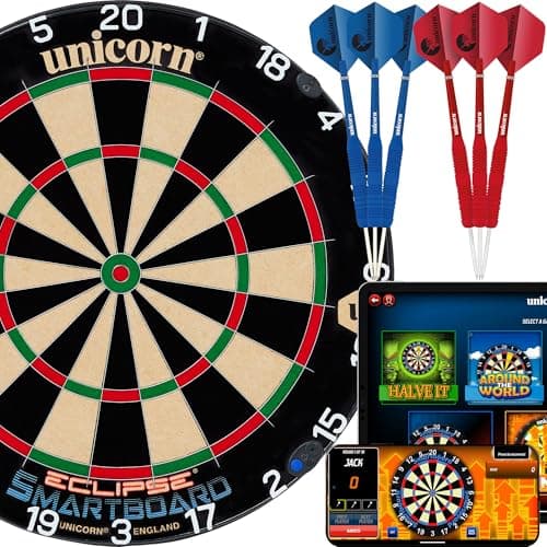 Image of Unicorn Electronic Dartboard | Smartboard | Traditional Sisal Bristle | Connects to Bluetooth Scorebuddy App | includes 6 Steel Tip Darts | Eclipse Professional