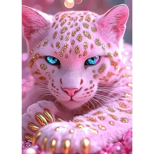 Image of AIRDEA Pink Leopard Diamond Art Kits Adults, 5D DIY Leopard Diamond Painting Kit, Full Drill Gem Arts and Crafts for Adults for Home Wall Decor 30x40 cm