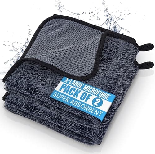 Image of 2 Pack Large Microfibre Cleaning Cloth | 600 GSM Soft Lint Free Large 60 x 40 cm Micro Fibre Cloths | Super Absorbent Reusable Kitchen Car Microfiber towel for Home All Purpose (Dark Grey, X Large)