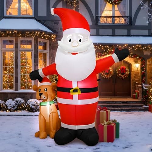 Image of 5FT Christmas Inflatable Santa with Dog Decorations - LED Light-Up Outdoor Yard Decor, Holiday Lawn Ornament with Built-in Lights for Xmas Party Garden Decorating